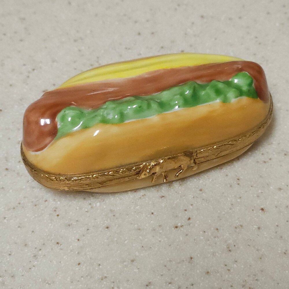 Vintage Artoria Limoges Hot Dog with Mustard And Relish Trinket Box LE